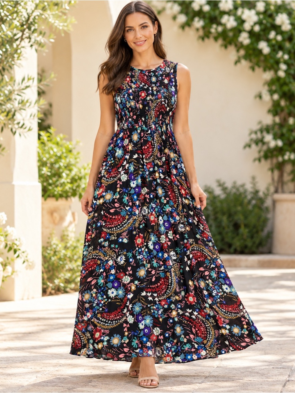 ECI New York Size M Black Floral Paisley Smocked Sleeveless Maxi Dress